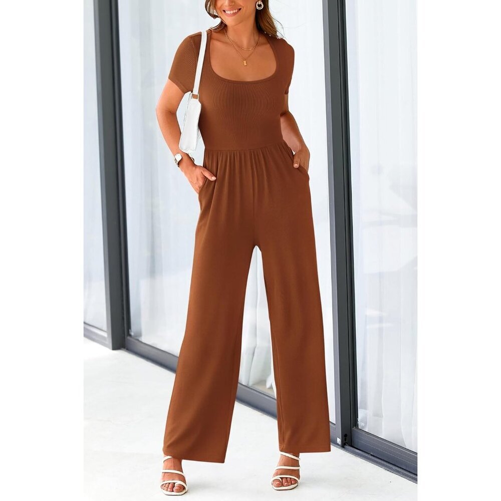 Women's Brown Summer Short Sleeve Square Neck Wide Leg Rompers Jumpsuits - Picture 6 of 8
